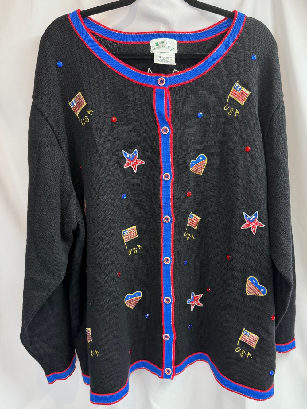 The Quacker Factory Patriotic USA Embroidered Black Button Cardigan Sweater 3X